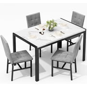 MOOSENG 5-Piece Dining Table Set with Faux Marble Top, Modern Kitchen Table and Set of 4 Grey Velvet Upholstered Chairs, Space-Saving Dinette Set for Small Spaces
