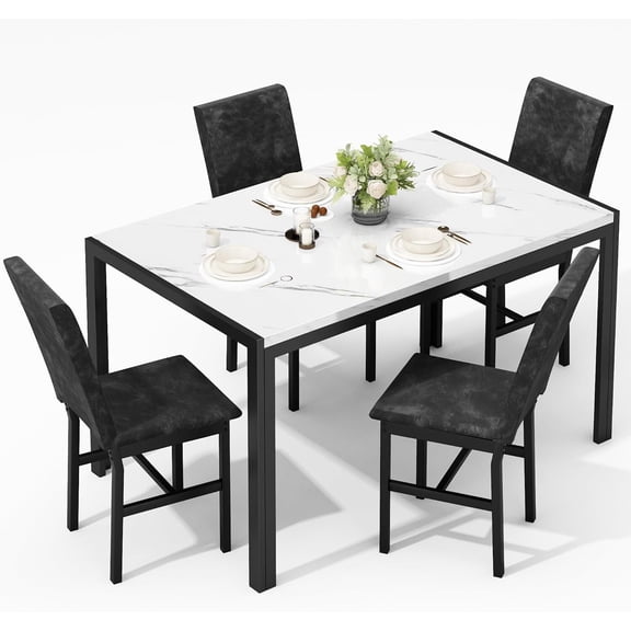 MOOSENG 5-Piece Dining Table Set with Faux Marble Top, Modern Kitchen Table and Set of 4 Grey Velvet Upholstered Chairs, Space-Saving Dinette Set for Small Spaces