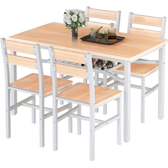MOOSENG 5-Piece Dining Table Set with Wine Rack, Wood Kitchen Table and Set of 4 Chairs, Space-Saving Farmhouse Dinette Set for Breakfast Nook, Apartment Beige