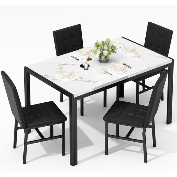 MOOSENG 5-Piece Faux Marble Dining Table Set, Modern Kitchen Table and Set of 4 Black PU Leather Chairs, Space-Saving Dinette Set for Small Spaces