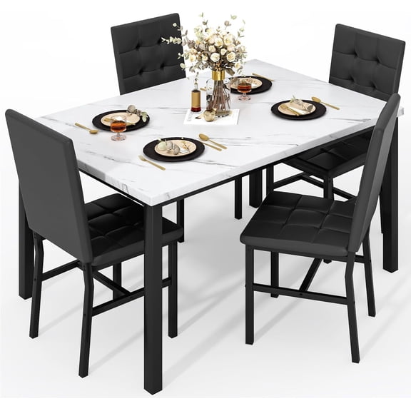 MOOSENG 5-Piece Faux Marble Dining Table Set, Modern Kitchen Table and Set of 4 Black PU Leather Chairs, Space-Saving Dinette Set for Small Spaces
