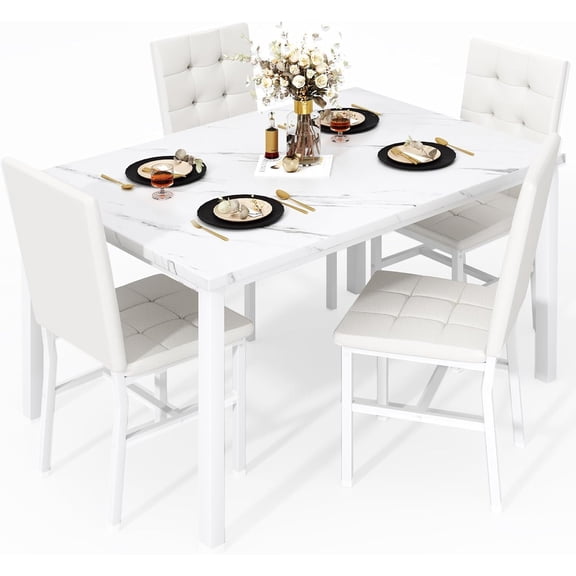 MOOSENG 5-Piece Faux Marble Dining Table Set, Modern Kitchen Table and Set of 4 Black PU Leather Chairs, Space-Saving Dinette Set for Small Spaces