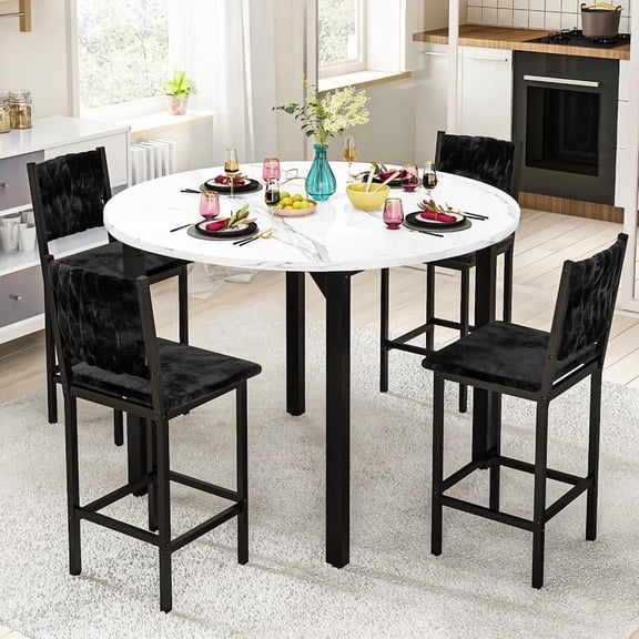 MOOSENG 5 Piece Round Dining Table Set for 4, Counter Height Dining Set with 4 Velvet Upholstered Chairs, Modern Kitchen Table Set, Round Dining Table & Chair for Small Spaces