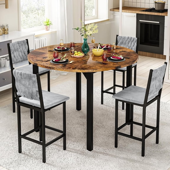 MOOSENG 5 Piece Round Dining Table Set for 4, Counter Height Dining Set with 4 Velvet Upholstered Chairs, Modern Kitchen Table Set, Round Dining Table & Chair for Small Spaces