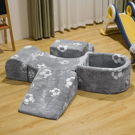 MOOSENG 5-in-1 Modular Play Couch with Glow-in-the-Dark Climbing Blocks, Multi-Combination Design for Hands-On Skills & Imagination, Gray Football