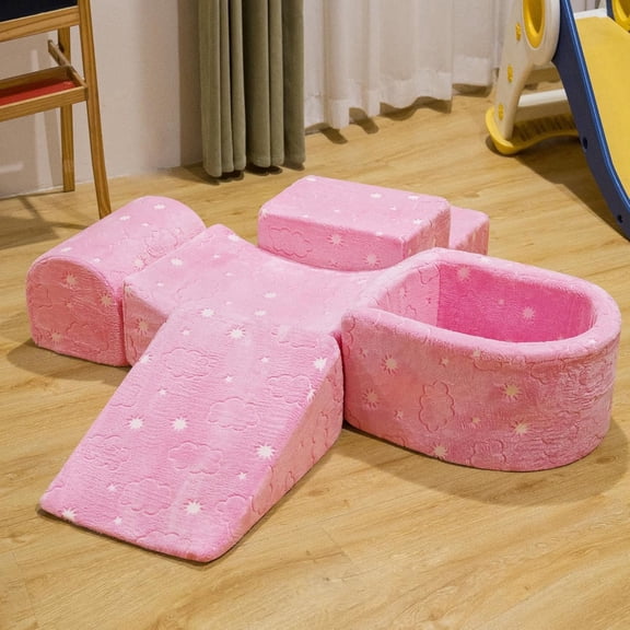 MOOSENG 5-in-1 Modular Play Couch with Glow-in-the-Dark Climbing Blocks, Multi-Combination Design for Hands-On Skills & Imagination, Pink Cloud
