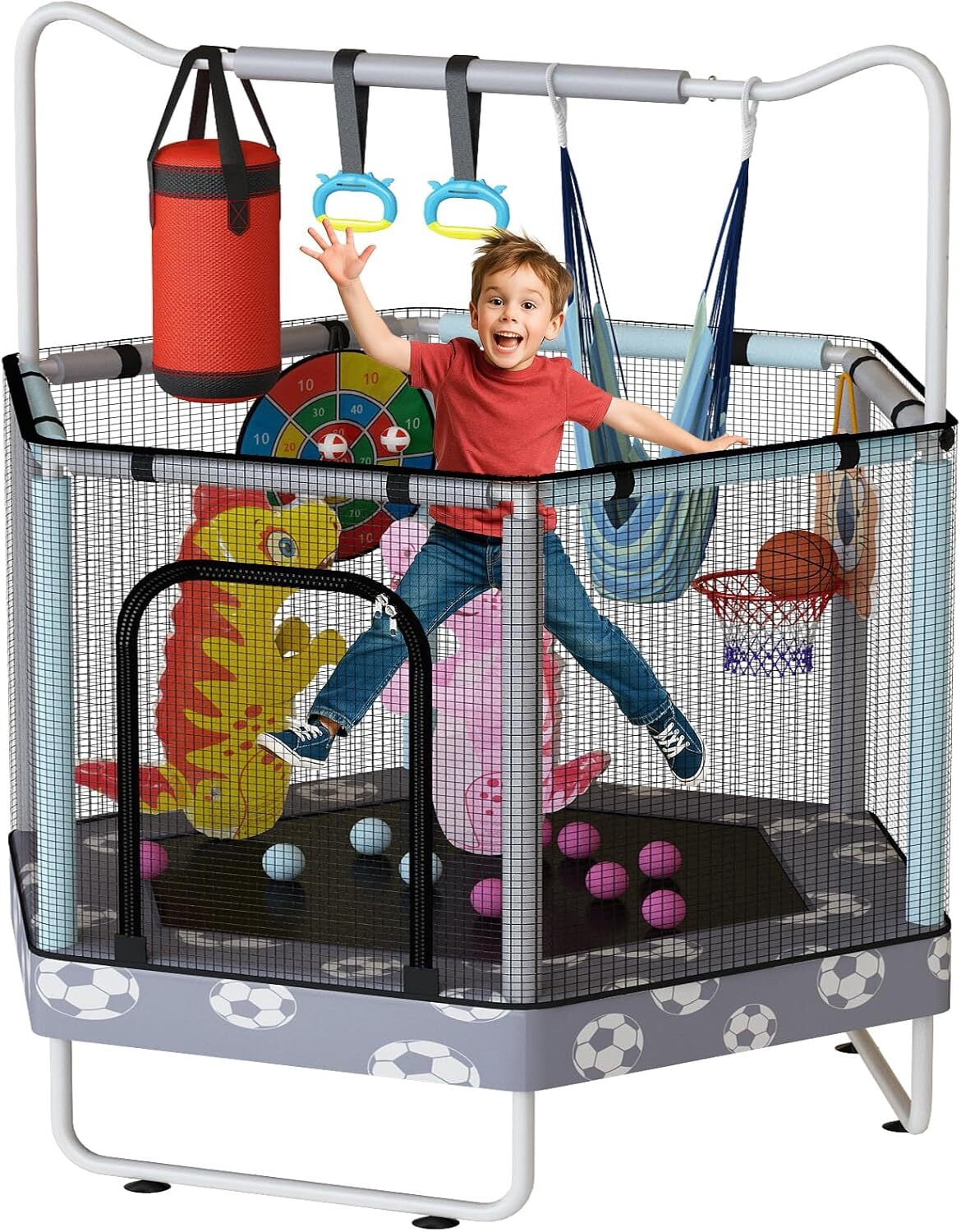 MOOSENG 7-in-1 Kids Trampoline with Safety Enclosure Net, 55" Hexagonal Indoor Outdoor Toddler Trampoline for Ages 1-8, Adjustable Handrail, Basketball Hoop, Gymnastic Rings
