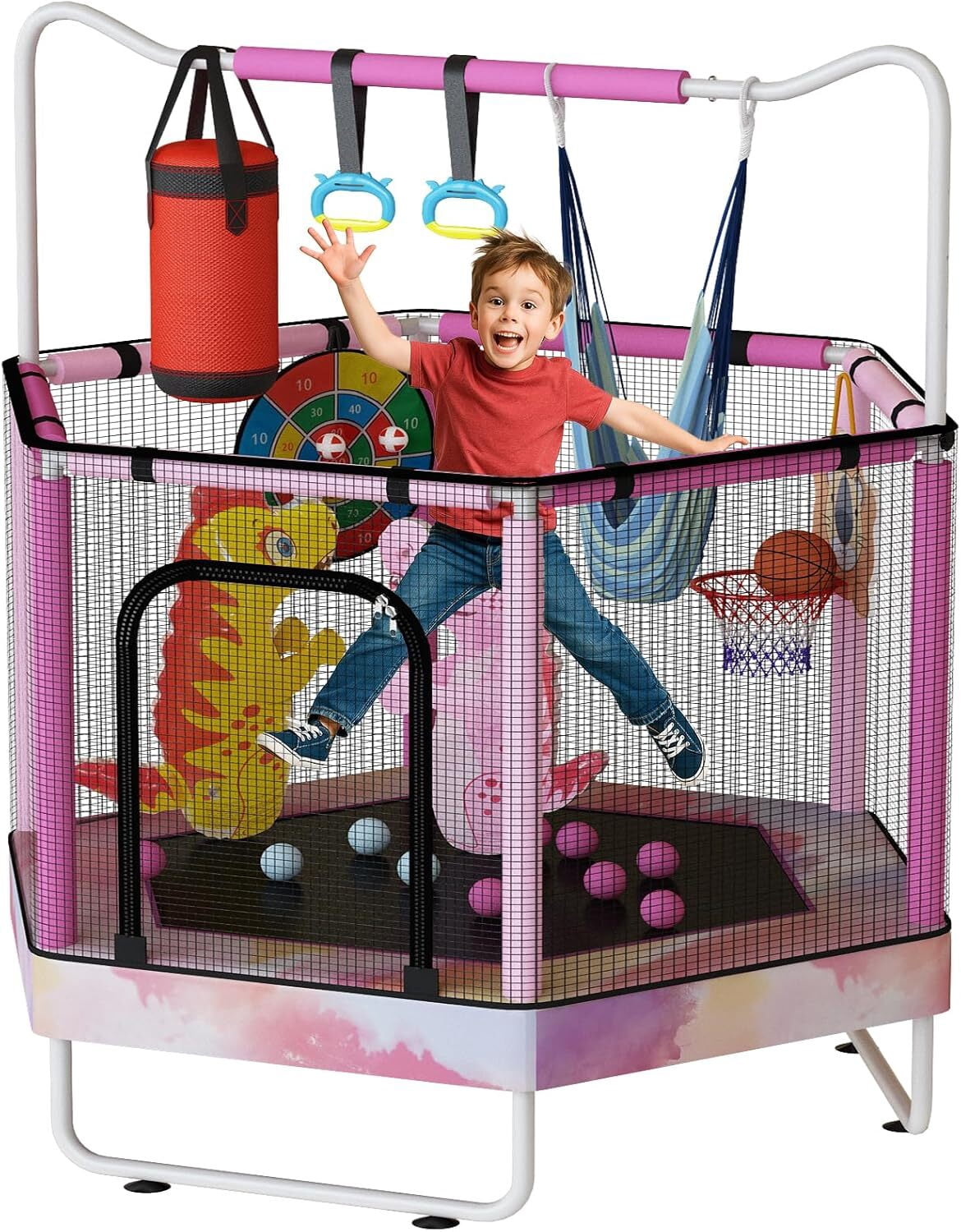 MOOSENG 7-in-1 Kids Trampoline with Safety Enclosure Net, 55" Hexagonal Indoor Outdoor Toddler Trampoline for Ages 1-8, Adjustable Handrail, Basketball Hoop, Gymnastic Rings