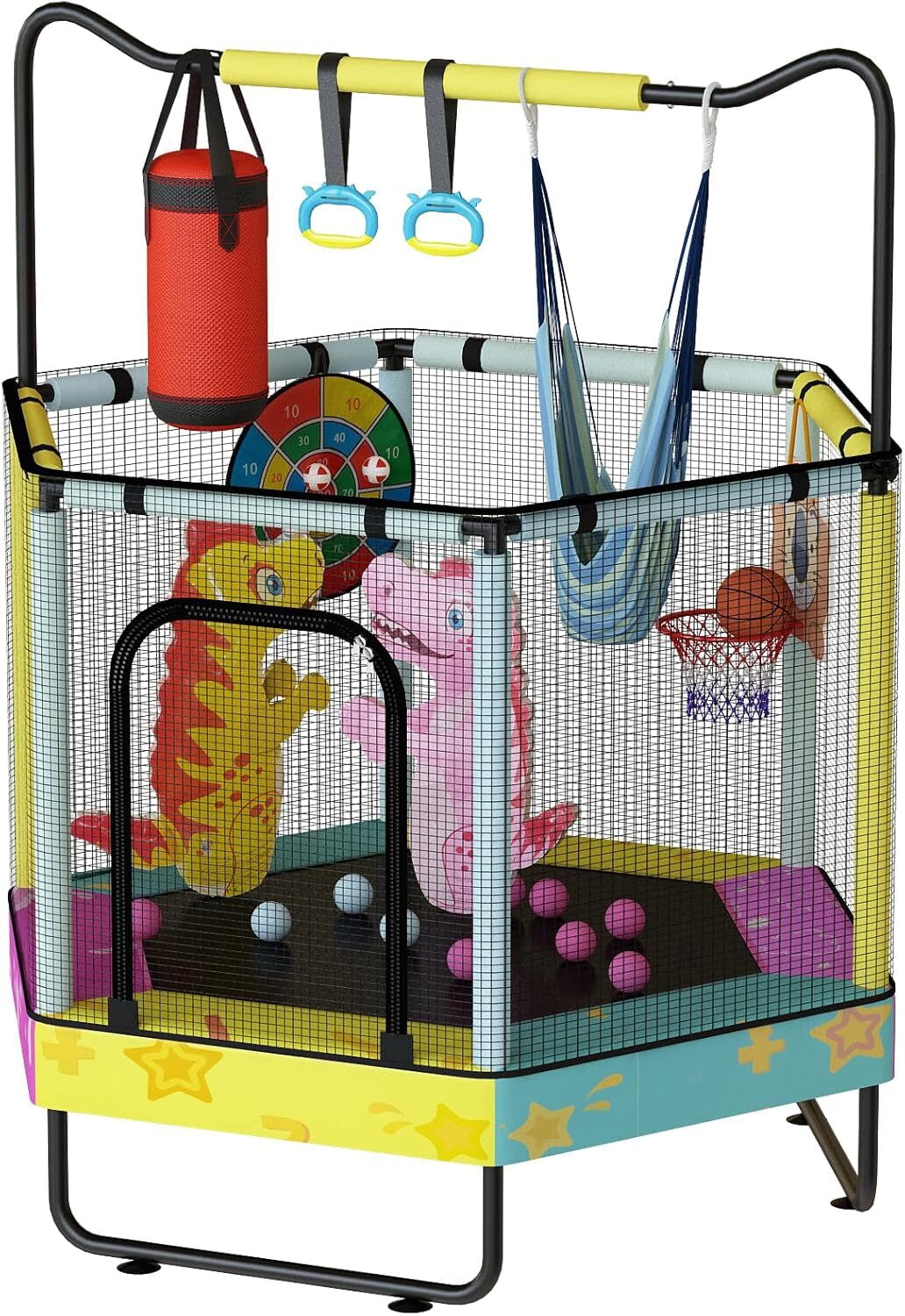 MOOSENG 7-in-1 Kids Trampoline with Safety Enclosure Net, 60" Hexagonal Toddler Trampoline with 500lbs Capacity, Indoor Outdoor Fun for Ages 1-8, Adjustable Handrail