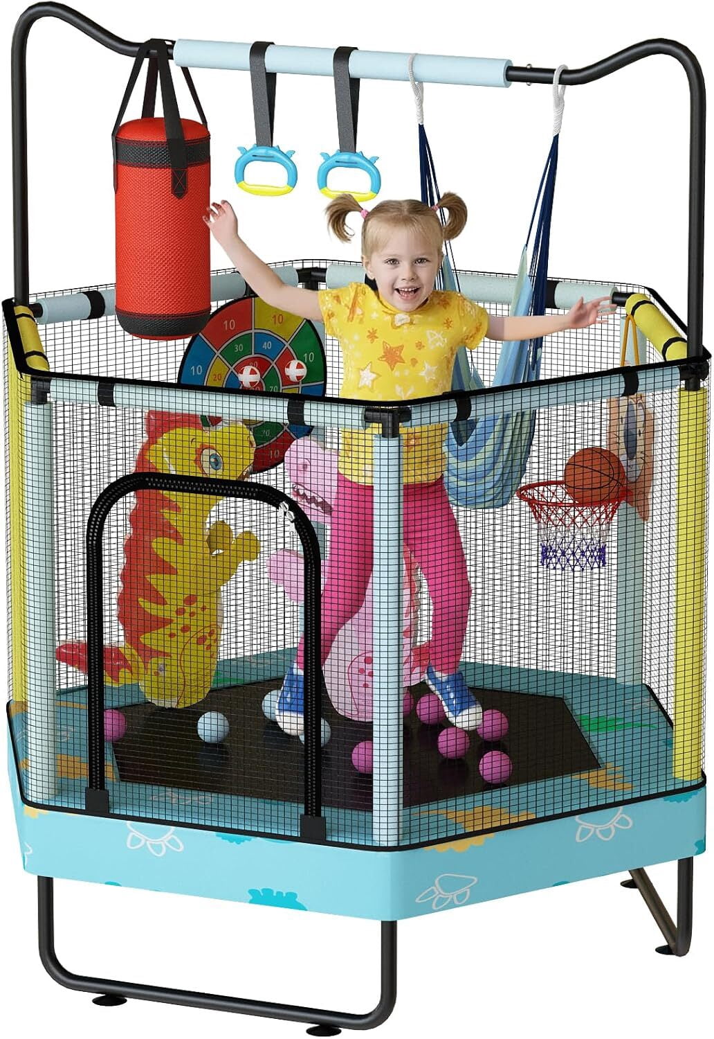 MOOSENG 7-in-1 Kids Trampoline with Safety Enclosure Net, 60" Hexagonal Toddler Trampoline with 500lbs Capacity, Indoor Outdoor Fun for Ages 1-8, Adjustable Handrail