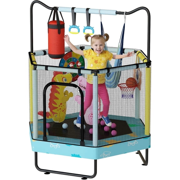 MOOSENG 7-in-1 Kids Trampoline with Safety Enclosure Net, 60" Hexagonal Toddler Trampoline with 500lbs Capacity, Indoor Outdoor Fun for Ages 1-8, Adjustable Handrail