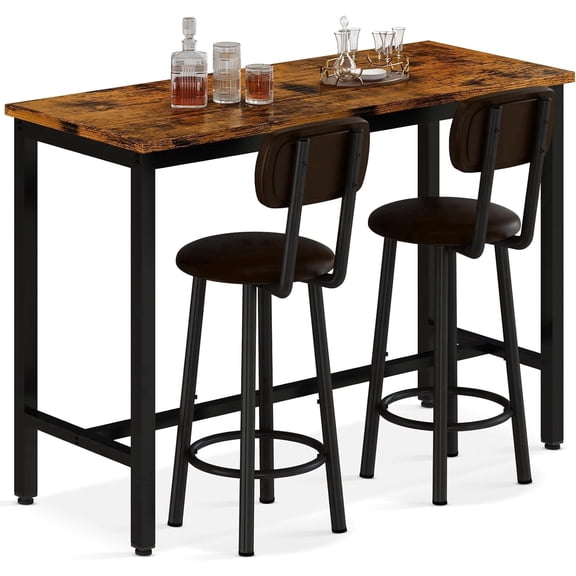 MOOSENG Bar Table Set of 2, Bistro Kitchen Table Sets with 2 PU Leather Bar Stools, Wood Pub Bar Table Set for Breakfast Nook Small Space Restaurant, Rectangular Table