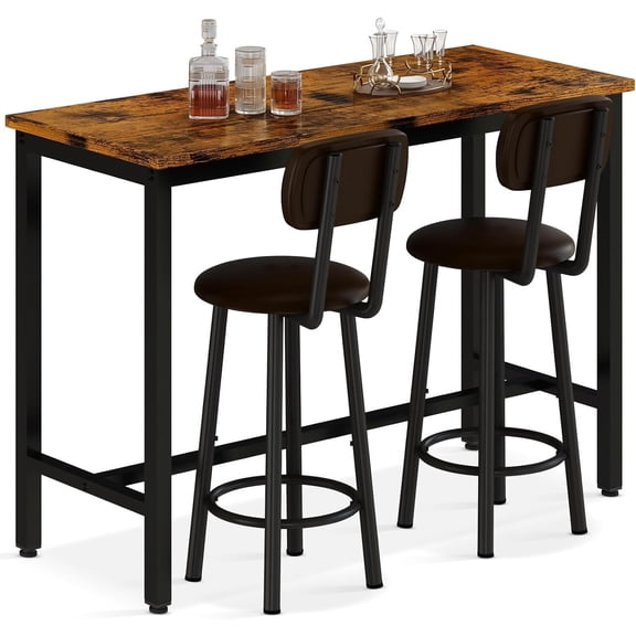 MOOSENG Bar Table Set of 2, Industrial Style 3-Piece Bar Table and Chairs Set, Counter Height Table with 2 Backrest Stools, Small Space Kitchen Table for 2, Brown & Black