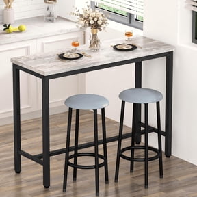 MOOSENG Bar Table Set with White Faux Marble Top, Pub Height Dining Table and Set of 2 Upholstered Stools, Space-Saving Kitchen Table Set for Small Spaces