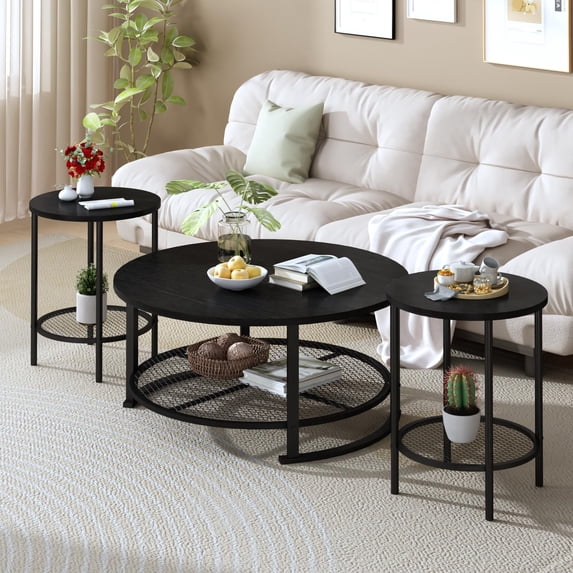 MOOSENG Coffee Table Set of 3, Industrial Vintage Wood Coffee Table with 2 Round End Side Tables, Easy Assembly Living Room Table Set for Offices, Living Rooms and Apartments, Black