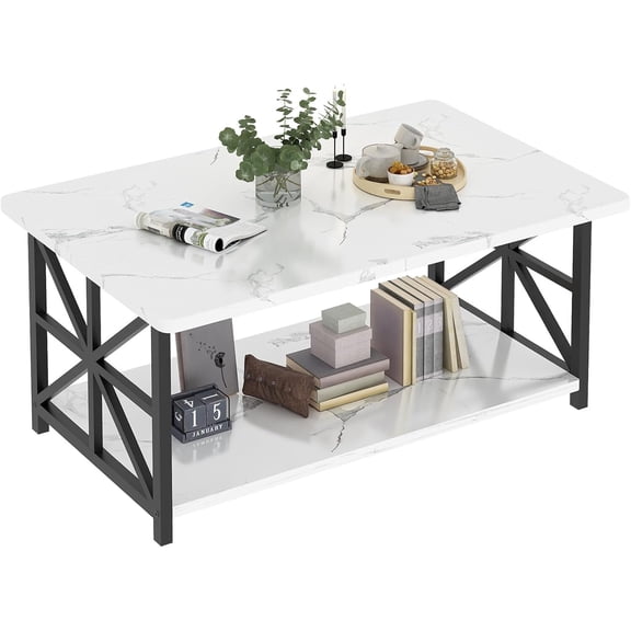 MOOSENG Coffee Table with Storage Shelf, 2-Tier Industrial Living Room Table Round Corners , Faux Marble Center Table with Metal Frame, Rustic Cocktail Table for Living Room