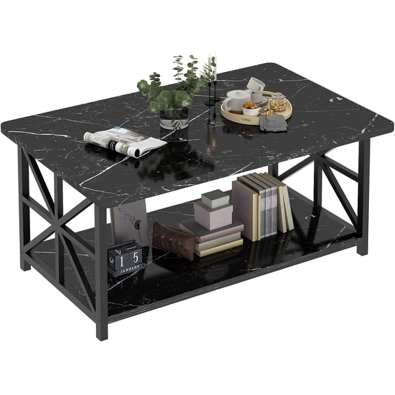 MOOSENG Coffee Table with Storage Shelf, 2-Tier Industrial Living Room Table Round Corners , Faux Marble Center Table with Metal Frame, Rustic Cocktail Table for Living Room