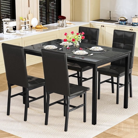 MOOSENG Dining Table Set for 4, Faux Marble Kitchen Table with 4 PU Leather Chairs, 5 Piece Modern Dining Room Set for Small Space, Breakfast Nook Black