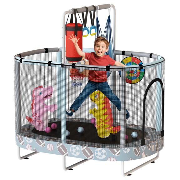 MOOSENG Elliptic Kids Trampoline, Bouncing Trampoline with Safety Enclosure Net, Adjustable Height Handrail, 500lbs Capacity, Designs for Boys & Girls, 7-in-1, 55” (Blue Football)