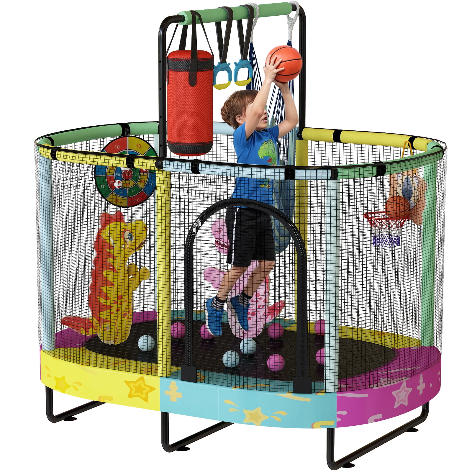 MOOSENG Elliptic Kids Trampoline, Bouncing Trampoline with Safety Enclosure Net, Adjustable Height Handrail, 500lbs Capacity, Designs for Boys & Girls, 7-in-1, 55” (Colorful Star）