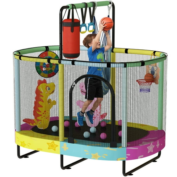 MOOSENG Elliptic Kids Trampoline, Bouncing Trampoline with Safety Enclosure Net, Adjustable Height Handrail, 500lbs Capacity, Designs for Boys & Girls, 7-in-1, 55” (Colorful Star)