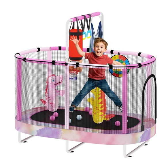 MOOSENG Elliptic Kids Trampoline, Bouncing Trampoline with Safety Enclosure Net, Adjustable Height Handrail, 500lbs Capacity, Designs for Boys & Girls, 7-in-1, 55” (Rainbow)