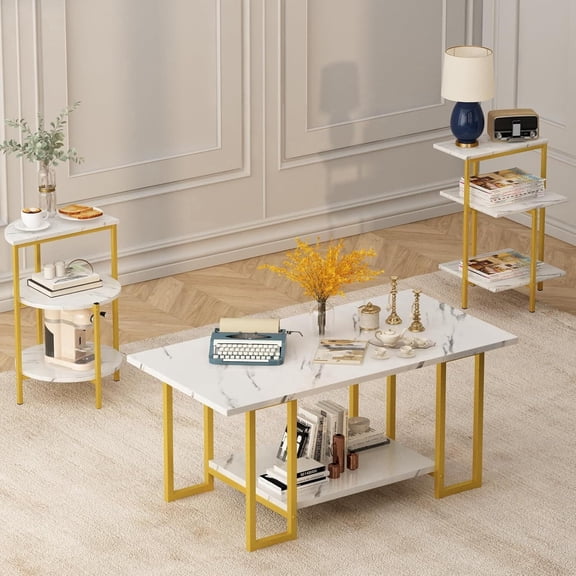 MOOSENG Faux Marble Coffee Table Set of 3, 2-Tier Center Table & 2 Tiered Side Tables, Modern Living Room Metal Frame Faux Marble Top Tables Accent Furniture