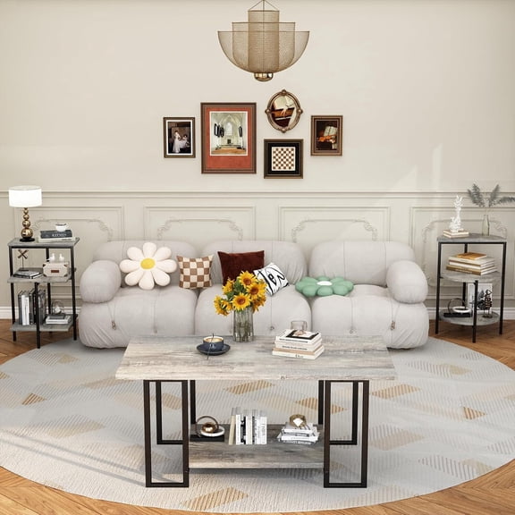 MOOSENG Faux Marble Coffee Table Set of 3, 2-Tier Center Table & 2 Tiered Side Tables, Modern Living Room Metal Frame Faux Marble Top Tables Accent Furniture