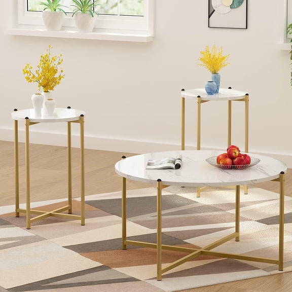 MOOSENG Faux Marble Coffee Table Set, Modern Round Living Room Table Set of 3 with Metal Legs, Center Table and Set of 2 Side End Tables, White/Gold