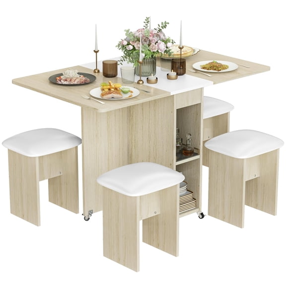 MOOSENG Folding Dining Table Set for 4, Dinner Table with 4 Leather Chairs and Shelves, Space Saving Foldable Dining Table with 6 Wheels, Kitchen Table Set for Small Spaces