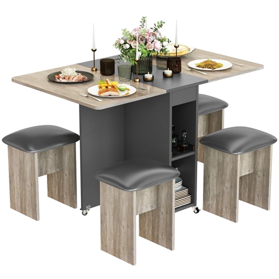 MOOSENG Folding Dining Table Set for 4, Dinner Table with 4 Leather Chairs and Shelves, Space Saving Foldable Dining Table with 6 Wheels, Kitchen Table Set for Small Spaces