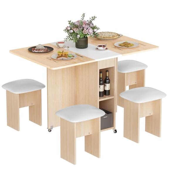 MOOSENG Folding Dining Table Set for 4, Dinner Table with 4 Leather Chairs and Shelves, Space Saving Foldable Dining Table with 6 Wheels, Kitchen Table Set for Small Spaces