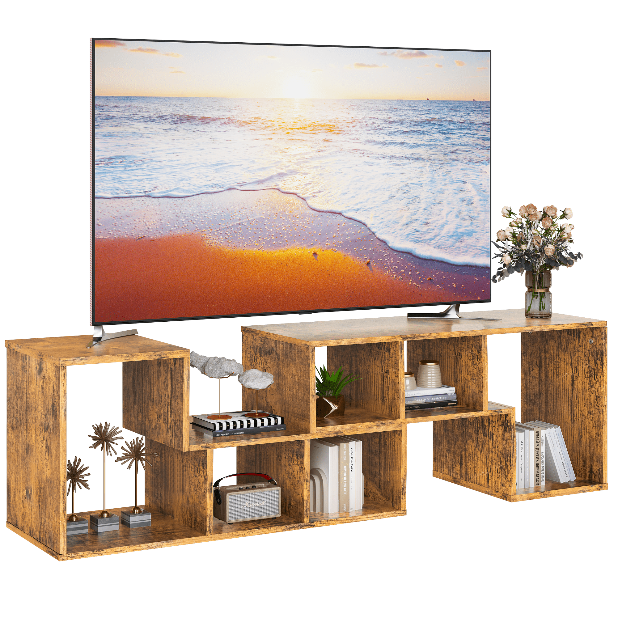 MOOSENG Horizontal Bookshelf, Vintage 2 Shelf Cube Bookcase L-Shaped TV Console Stand, Modern Entertainment Center with Open Storage Shelves for CDs/Movies/Books for Living Room, Bedroom