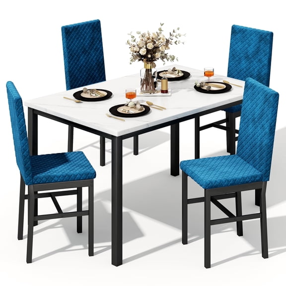 MOOSENG Kitchen Table Set for 4, Modern Dining Table Set, Modern Faux Marble Tabletop and 4 Rhombus Pattern Velvet Upholstered Dining Chairs, Compact Kitchen Table Set for Home