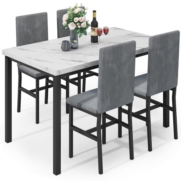 MOOSENG Kitchen Table Set for 4, Modern Dining Table Set, Modern Faux Marble Tabletop and 4 Velvet Upholstered Dining Chairs, Compact Kitchen Table Set for Home