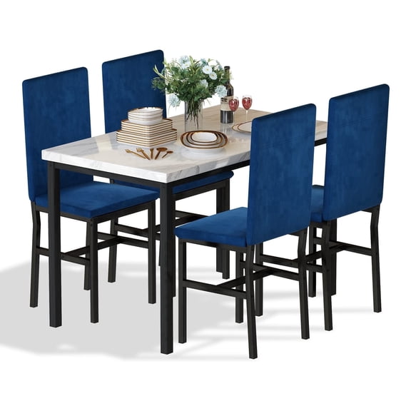 MOOSENG Kitchen Table Set for 4, Modern Dining Table Set, Modern Faux Marble Tabletop and 4 Velvet Upholstered Dining Chairs, Compact Kitchen Table Set for Home