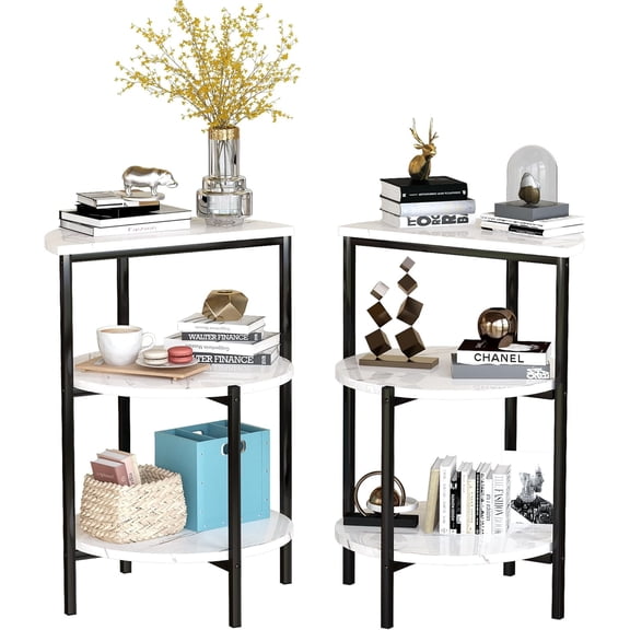MOOSENG Marble Side Table Set of 2, 3-Tier Sofa Side Table With Metal Frame, Bedside Corner Table for Living Room & Bedroom, White+Black