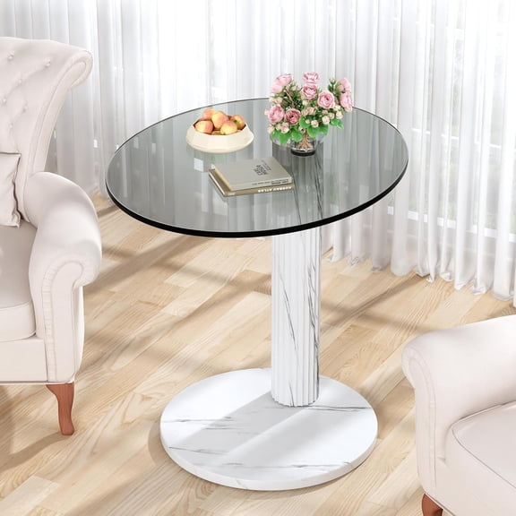 MOOSENG Round Glass Coffee Table, 8mm Tempered Glass Top with White Marble-Patterned Pedestal Base, Modern Accent Table for Living Room, Bedroom, Office