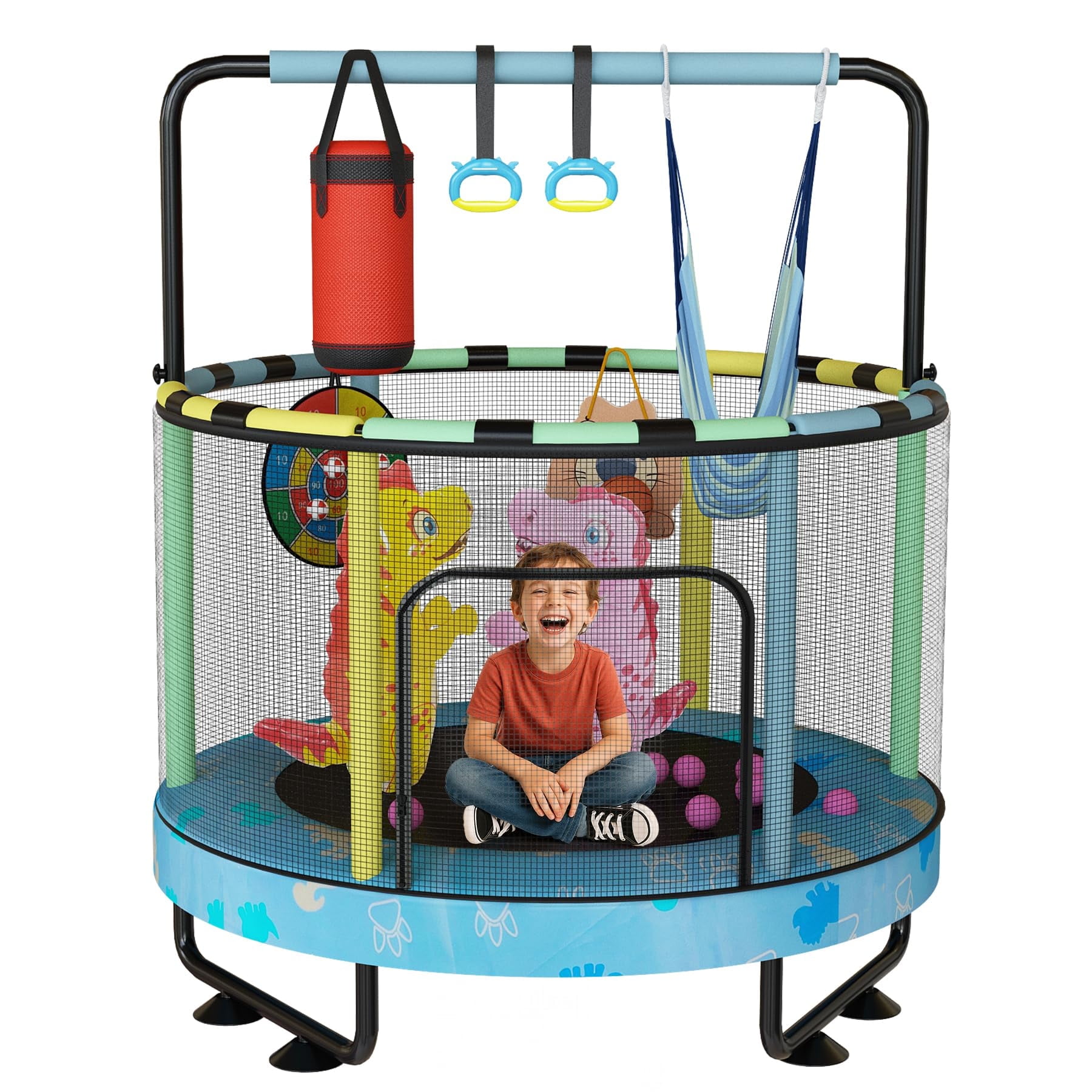 MOOSENG Round Kids Trampoline, Bouncing Trampoline with Safety Enclosure Net, Adjustable Height Handrail, 500lbs Capacity, Designs for Boys & Girls, 7-in-1, 55” (Blue Dinosaur)