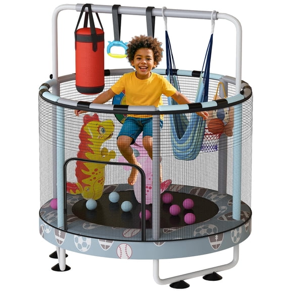MOOSENG Round Kids Trampoline, Bouncing Trampoline with Safety Enclosure Net, Adjustable Height Handrail, 500lbs Capacity, Designs for Boys & Girls, 7-in-1, 55” (Blue Football)