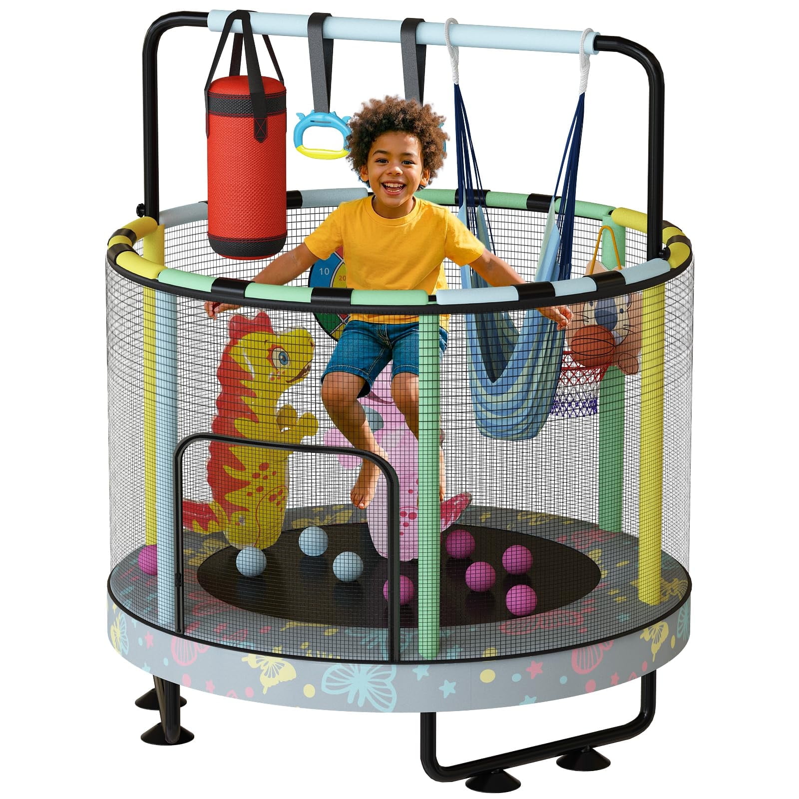 MOOSENG Round Kids Trampoline, Bouncing Trampoline with Safety Enclosure Net, Adjustable Height Handrail, 500lbs Capacity, Designs for Boys & Girls, 7-in-1, 55” (Butterfly)