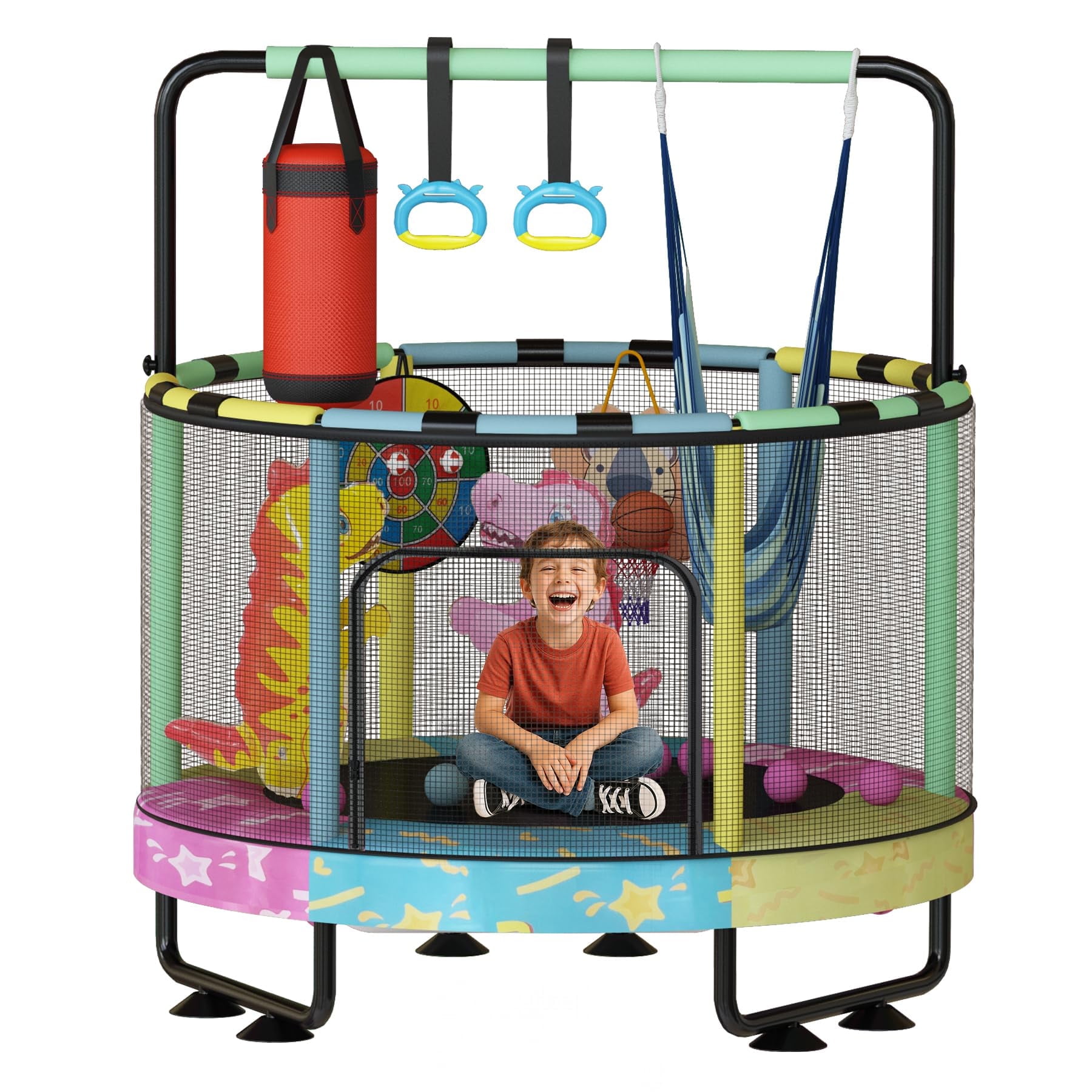 MOOSENG Round Kids Trampoline, Bouncing Trampoline with Safety Enclosure Net, Adjustable Height Handrail, 500lbs Capacity, Designs for Boys & Girls, 7-in-1, 55” (Colorful Star）