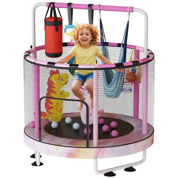 MOOSENG Round Kids Trampoline, Bouncing Trampoline with Safety Enclosure Net, Adjustable Height Handrail, 500lbs Capacity, Designs for Boys & Girls, 7-in-1, 55” (Rainbow)