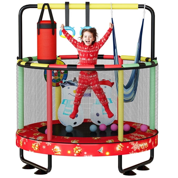 MOOSENG Round Kids Trampoline, Bouncing Trampoline with Safety Enclosure Net, Adjustable Height Handrail, 500lbs Capacity, Designs for Boys & Girls, 7-in-1, 55” (Red Christmas)