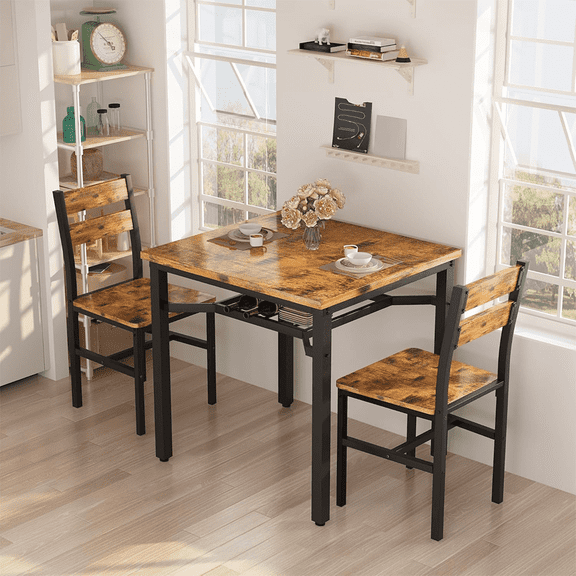 MOOSENG Small Dining Table Set for 2, Farmhouse Dinner Table with Storage, 3 Piece Wooden Square Dinette Set for Dining Room, Apartment, Small Space