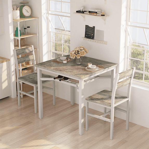 MOOSENG Small Dining Table Set for 2, Farmhouse Dinner Table with Storage, 3 Piece Wooden Square Dinette Set for Dining Room, Apartment, Small Space
