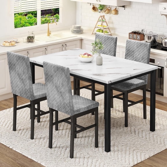 MOOSENG Small Dining Table Set for 4, 5 Pieces Dining Room Sets with Faux Marble Table & Velvet Chairs, Modern Kitchen Table Set with Chair for 4
