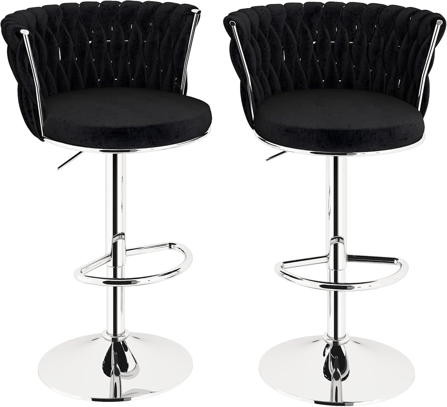 MOOSENG Velvet Swivel Bar Stools Set of 2, Adjustable Height Counter Chairs with Back & Footrest, Modern Upholstered Barstools for Kitchen Island Black