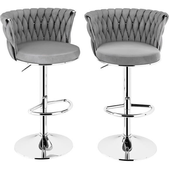 MOOSENG Velvet Swivel Bar Stools Set of 2, Adjustable Height Counter Chairs with Back & Footrest, Modern Upholstered Barstools for Kitchen Island Gray