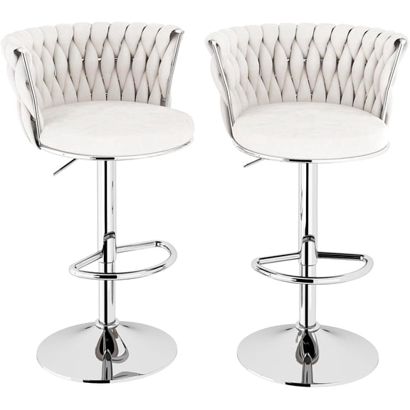 MOOSENG Velvet Swivel Bar Stools Set of 2, Adjustable Height Counter Chairs with Back & Footrest, Modern Upholstered Barstools for Kitchen Island White